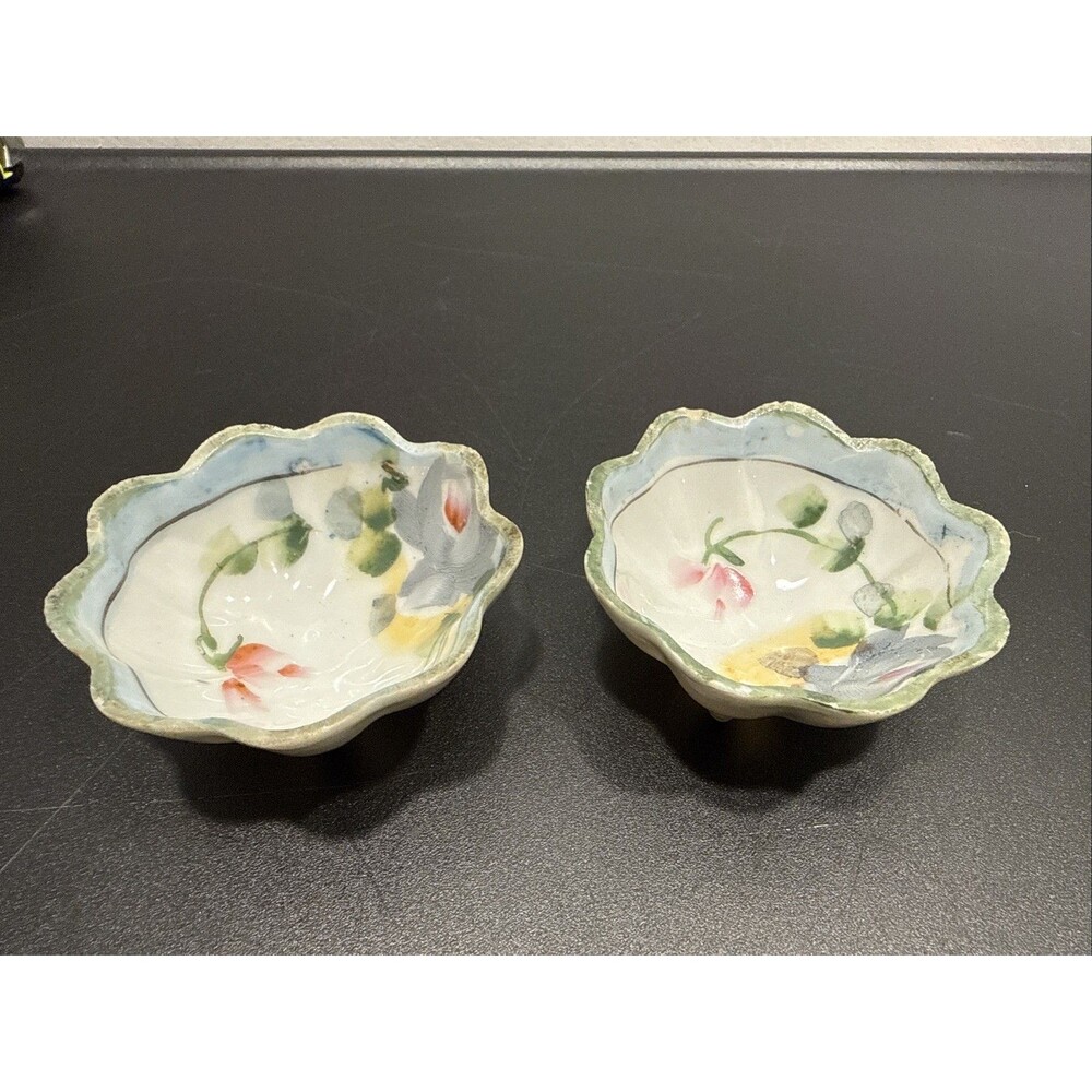 Vintage Pair Nippon Pink Hand Painted Floral Trinket Dish Small Handpainted